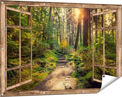 Gards Tuinposter Doorkijk Voetpad in het Bos - 120x80 cm - Tuindoek - Tuindecoratie - Wanddecoratie buiten - Tuinschilderij