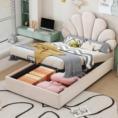 SINGULARITY-Gestoffeerd kinderbed 90 x 200 cm- met hoofdbord en lattenbodem- met in hoogte verstelbaar hoofdbord en hydraulische opbergruimte- beige- zonder matras