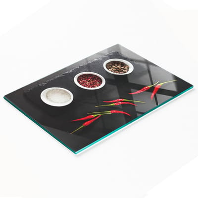 Keukenplank van gehard glas met afbeeldingen van kruiden en chilipepers, 80x52 cm