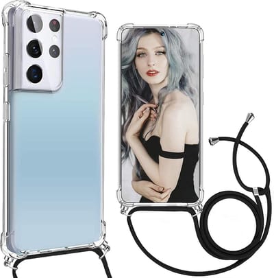 Telefoonhoesje Geschikt voor: Samsung Galaxy S21 Ultra met koord - Kettinghoesje - Anti Shock - Transparant TPU - Draagriem voor Schouder / Nek - Schouder tas - ZT Accessoires