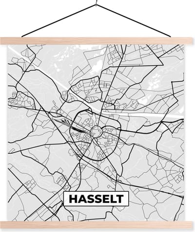 Posterhanger incl. Poster 40x40 cm - Schoolplaat - Stadskaart – Plattegrond – België – Zwart Wit – Hasselt – Kaart - Textielposter - Blanke latten - Stadskaart