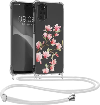 kwmobile telefoonhoesje geschikt voor Motorola Moto G22 - Hoesje met telefoonkoord - Back cover voor smartphone - Case in poederroze / wit / transparant