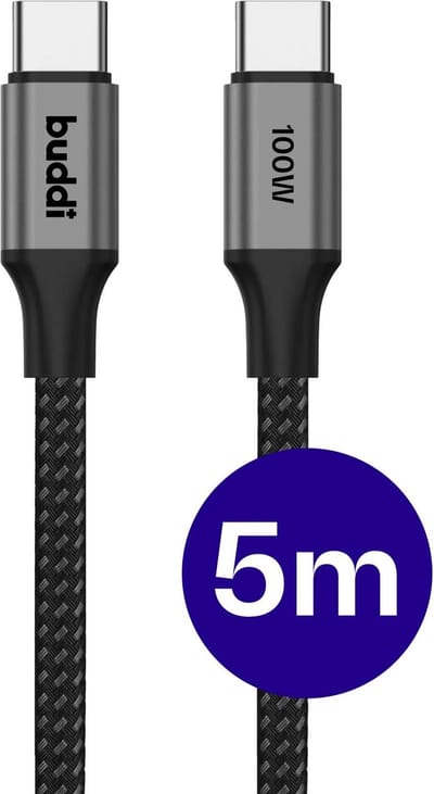Buddi Flex | USB-C naar USB-C Kabel | 100W Super Fast Charge | Power Delivery Snelladen | 480Mbps Dataoverdracht | Gevlochten Nylon | 5 Meter | 5M Zwart