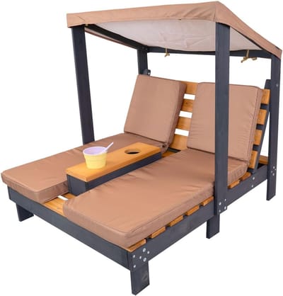 Kinder Dubbel Ligbed - Zonnedak Stoel - Buiten Ontspannen - Met Bekerhouder - 91 x 85 x 88 cm - Bruin