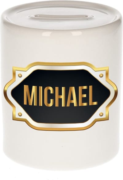 Spaarpot met voornaam Michael - wit - met goud/zwart embleem - 8 x 9 cm - keramiek - met afsluitdop - cadeau verjaardag