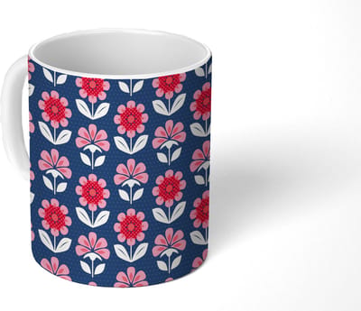 Mok - Koffiemok - Bloemen - Patroon - Rood - Mokken - 350 ML - Beker - Koffiemokken - Theemok