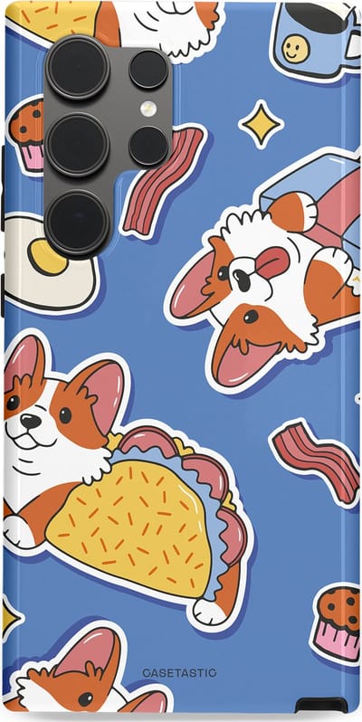 Casetastic Hoesje Geschikt voor Samsung S24 Ultra - Stijlvolle Beschermende Duo-layer Case - Corgi en Snacks