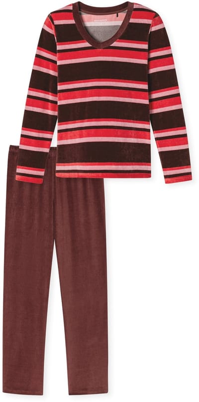 Pyjama lang velours gestreept wijnrood - Comfort Nightwear 36