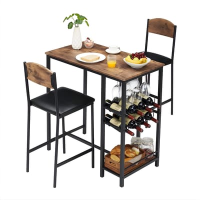Bartafelset - Voor Keuken & Eetruimte - 3-delige Bartafel met 2 Gestoffeerde Stoelen en Voetsteunen - Met Opbergplank - Bruin