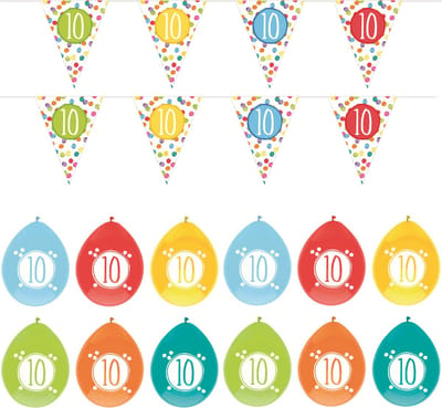 Haza - Verjaardag 10 jaar feestartikelen pakket - vlaggetjes/ballonnen - versiering 10e verjaardag