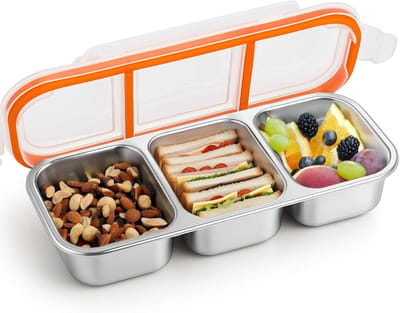 Famanu – Bento-Snack-Container met lekvrije deksels - 3 compartimenten Snackbox met compartimenten - herbruikbaar - roestvrij staal - voedselopslag - lunchbox - snackbox
