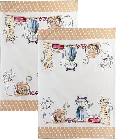 Famanu - Set van 2 katoenen theedoeken 70x50 cm, kattenprint, perfect cadeau voor kattenliefhebbers