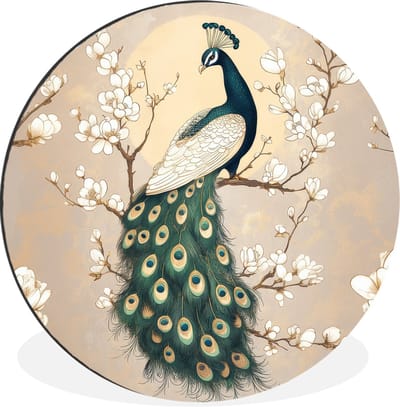 WallCircle - Wandcirkel - Muurcirkel - Pauw - Tak - Bloemen - Aluminium - Dibond - 30x30 cm - Binnen en Buiten