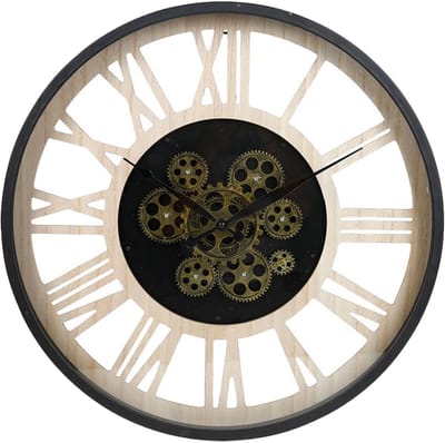 Ostaria Wandklok/muur klok - open uurwerk - D40 cm - metaal/hout - zwart/naturel - woonkamer/keuken