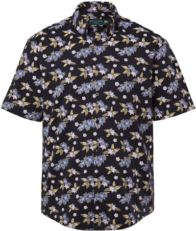 Boston Park - Heren - Overhemd van piqué korte mouwen print all-over Modern Fit - Navy blauw - Maat L