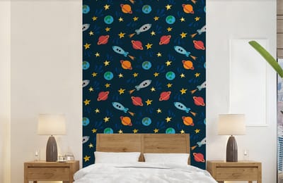 Behang - Fotobehang Patronen - Aarde - Ruimte - Raket - Jongens - Kinderen - Jongetje - Kids - Breedte 150 cm x hoogte 240 cm