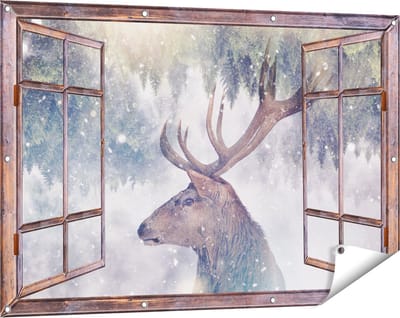 Gards Tuinposter Doorkijk Hertenkop - Hert op een Bomen Achtergrond - 120x80 cm - Tuindoek - Tuindecoratie - Wanddecoratie buiten - Tuinschilderij