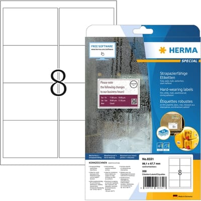 HERMA Special - Extra starke, selbstklebende, matte Versandetiketten aus Polyesterfolie - weiß - 99,1 x 67,7 mm 200 Eti