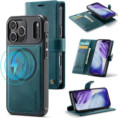 Casemania Hoesje Geschikt voor Apple iPhone 17 Pro - Emerald Green - Geschikt voor MagSafe - Luxe Kunstleer 2 in 1 Afneembare Bookcase - Magnetische Telefoonhoesje met Pasjeshouder en Standaardfunctie