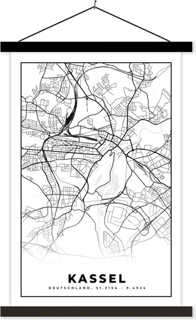 Posterhanger incl. Poster 40x60 cm - Schoolplaat - Kaart - Stadskaart - Kassel - Plattegrond - Textielposter - Zwarte latten - Stadskaart