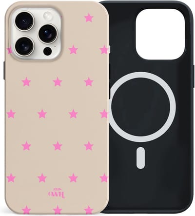 xoxo Wildhearts siliconen hoesje geschikt voor iPhone 15 Pro Max hoesje - Dream Big - Magnetisch telefoonhoesje - Magneet case - Kwalitatieve backcover - TPU materiaal - Hoesje met sterren - Sterretjes - Beige - Roze