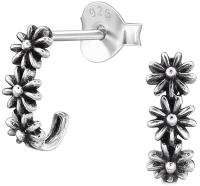 Joy|S - Zilveren Bali bloem oorbellen - 4 x 10 mm - halve hoepel oorringen met 3 bloemetjes - geoxideerd - sterling zilver 925