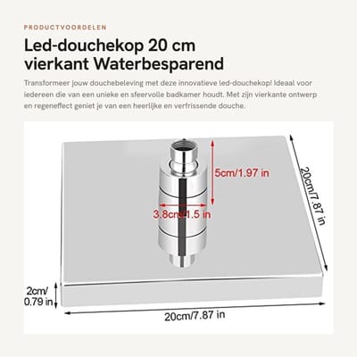 Dailygoods - Led-douchekop - 20 cm vierkant - Waterbesparend - 7 kleuren - Droomachtige verlichting - Geschikt voor badkamer - Groen of ijzergrijs