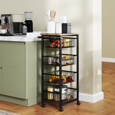 MODFU Keukenwagen met 4 Uittrekbare Manden – Verrijdbaar – Slank Ontwerp – 49,5x31x91 cm – Voor Keuken of Barhoek – Staal en MDF – Eiken