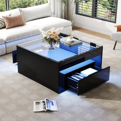 OKWISH Salontafel Met Led-Verlichting En 2 Lades Voor Woonkamer Hoogglans Fronten Zwart Mdf Met Gehard Glas 70×70×35 Cm