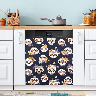 Vaatwasser Magnetische Covers - Keuken Decor - Keuken Opfrissen - Universele Compatibiliteit - 23 x 66 Inch - Schedel met Bloemen