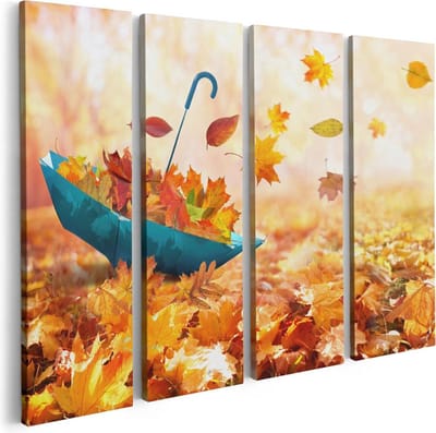 Artaza Canvas Schilderij Vierluik Blauwe Paraplu in de Herfstbos met Bladeren - 80x60 - Foto Op Canvas - Canvas Print