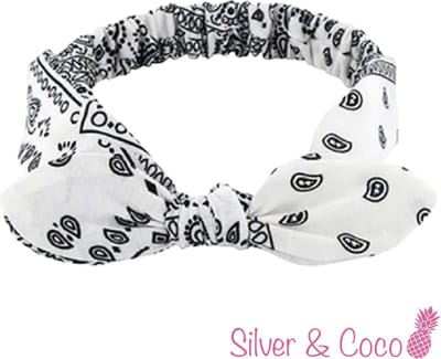 SilverAndCoco® - Houthakkers Haarband met Strik Dikke Elastische Festival Hoofdband Gedraaid / Brede Boho Vrolijke Zomer Haarbanden Dames / Elastische Meisjes Make up Knoop Houthakkers Zakdoek Bandana Breed - Wit