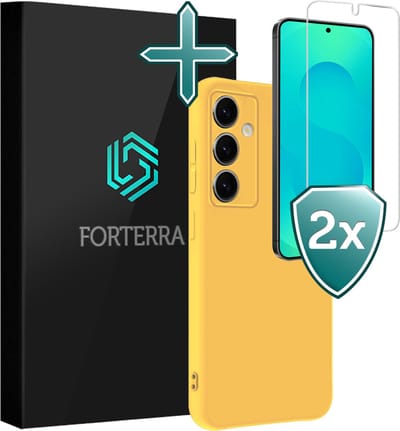 Hoesje Met 2x Screenprotector - Geschikt voor Samsung Galaxy S25 - Sterk & Shockproof - Telefoon Hoes - Back Cover - Siliconen Case - Geel