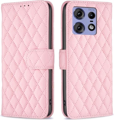 BINFEN Hoesje - Geschikt voor Motorola Edge 50 Pro Hoesje - BINFEN Rhombus Book Case - Pink