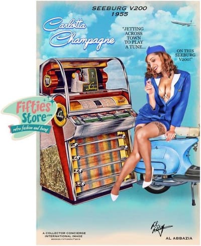 Seeburg V200 Jukebox Pin-Up Carlotta Champagne Zwaar Metalen Bord 44,5 x 29 cm