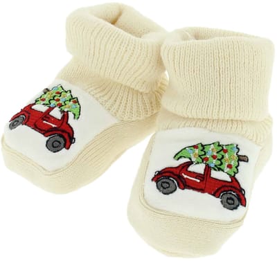 VIB® - Slofjes 'Driving home for CHRISTMAS' beige - 1 paar - one size - Babykleertjes - Baby cadeau - zwangerschap aankondiging - geboorte cadeau