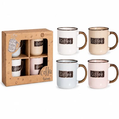 Set van 4 Koffiemokken – Steengoed Mokken 200 ml – Coffee Mokken in 4 Kleuren – Met Gegraveerde Tekst & Metallic Glazuur – In Kraft Geschenkdoos
