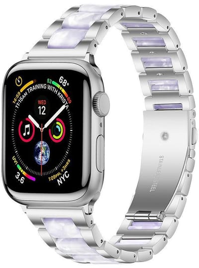 RVS bandje met keramiek - geschikt voor Apple Watch 1/2/3/4/5/6/7/8/9/10/11/ SE (1,2,3) met maat 38 mm / 40 mm / 41 mm en 42 mm (Watch 10/11) - stalen band met vlindersluiting - lavendel zilver