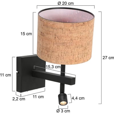 Wandlamp Stang 4350ZW met beige kurken kap en zwart metalen armatuur, eigentijds design voor binnen, inclusief draaibaar en kantelbaar leeslampje, merk Steinhauer