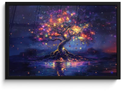 Poster in lijst - Fotolijst 60x40 cm - Posters - Kosmisch - lichtboom - Kerst - Kleurrijk - Posterlijst zwart - Decoratie - Wanddecoratie woonkamer - Muurdecoratie slaapkamer - Kerstversiering - Kerstdecoratie voor binnen - Kerstmis