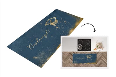 Keukenloper - Loper keuken - Geslaagd - Goud - Blauw - 120x50 cm - Keukenloper vinyl
