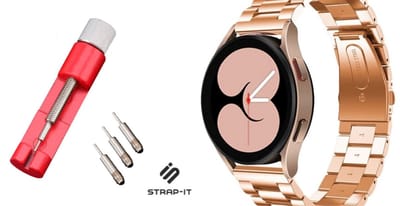 Strap-it Stalen schakel band + Toolkit - Geschikt voor Samsung Galaxy Watch 7 (40 & 44mm) / Galaxy Watch 6 (Classic) / Watch 5/5 Pro / Watch 4 (Classic) / Watch FE - Metalen RVS band voor Galaxy Watch 4-5-6-7 alle varianten - Roze goud