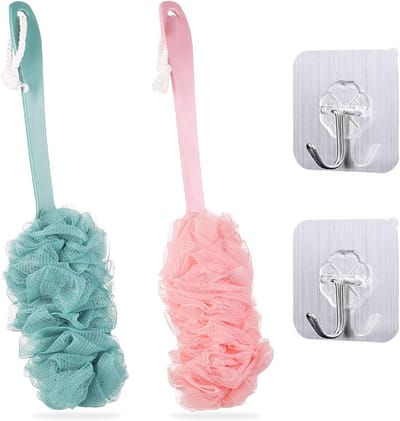 2 Stuks Lange Handgreep Badborstel met Zachte Mesh Loofah en Bad Net Spons voor Exfoliatie en Verwijderen van Dode Huid, Ideaal voor Mannen en Vrouwen