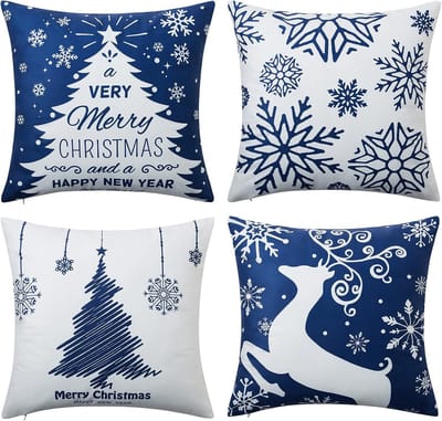 Set van 4 Kerst Kussenslopen 45x45 cm Marineblauw met Sneeuwvlokken, Kerstbomen en Herten