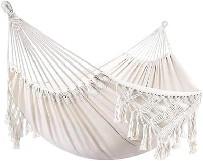 Braziliaanse Hangmat - Schommelstoel Dubbele Hangmat - Buiten Ontspannen - Handgemaakt Macramé - 150x200 cm - Beige