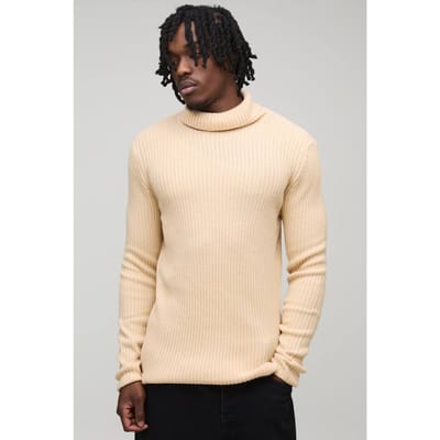 Tall Essential Muscle Fit Ribbed Roll Neck Jumper | Sand | Size Small