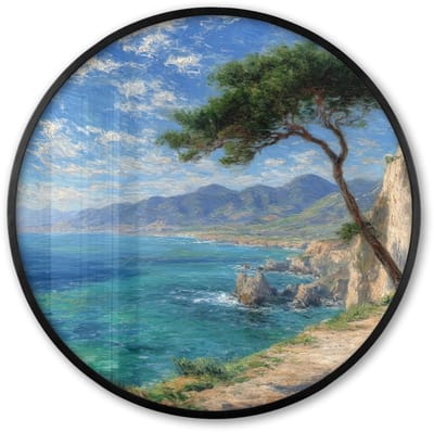 Poster in lijst Rond - Fotolijst 60x60 cm - Posters - Rotsen - Kustlijn - Boom - Bergen - Ronde posterlijst zwart - Decoratie - Wanddecoratie woonkamer - Muurdecoratie slaapkamer