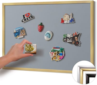 Wallfluent - Grijs Magneetbord Met Effen Achtergrond - 70 cm x 50 cm - Magneetbord met Gouden Frame - Grijze kleur - Magnetisch Wandbord - Memobord Magnetisch - Magnetisch Bord Kindvriendelijk