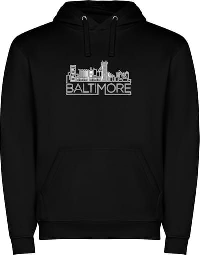 Zwarte unisex hoodie met “ Kleurrijke Sky Line Baltimore Maryland – Vakantiegevoel – Strak – Modern “ Print Full Color Color merk Roly maat S