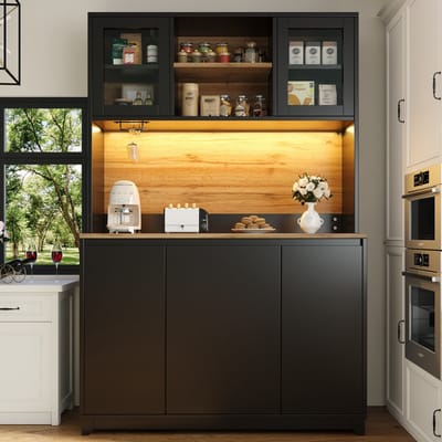 MEUNIQ Keukenkast 120 x 40 x 180 cm met acryldeuren, open vak, glasophanging, LED-verlichting en afvalvak met one-touch opening, sideboard voor keuken, woonkamer of werkkamer, zwart